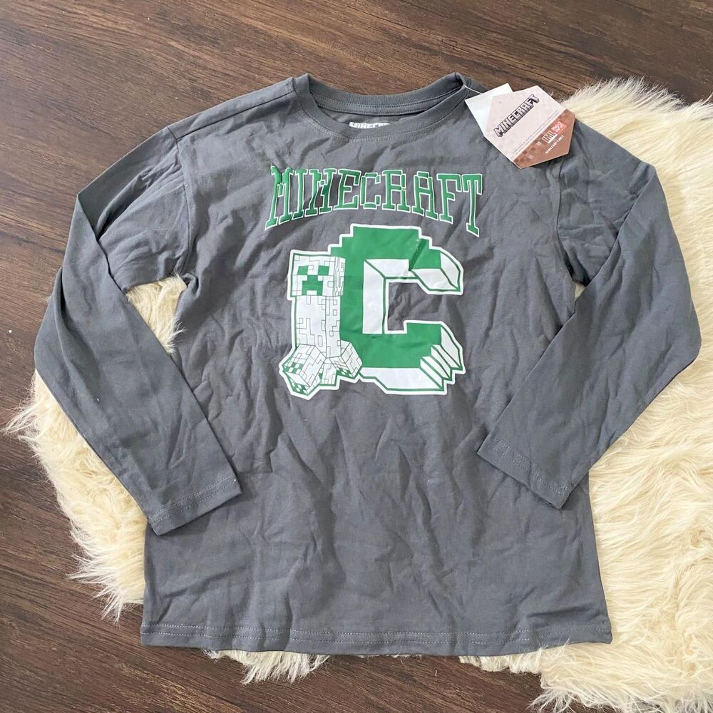 NWT Minecraft Creeper Graphic Grey Green Long Sleeve Shirt Size 10